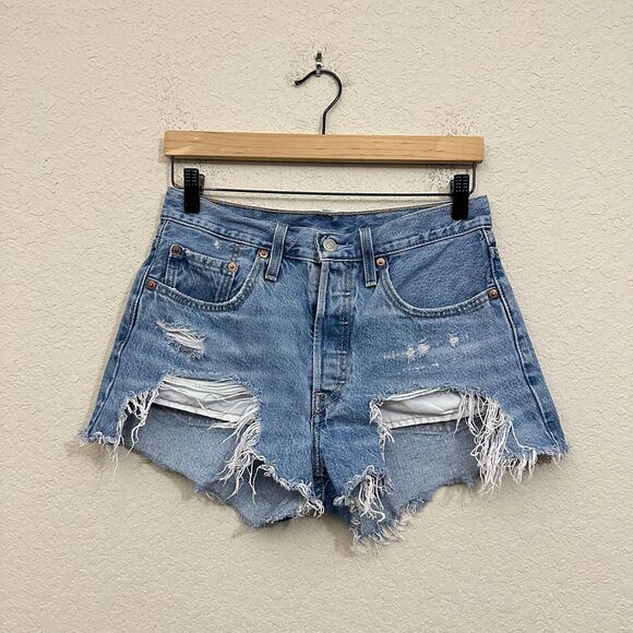 LEVI'S 501 High Waist Button Fly Distressed Jean Shorts in Blue - Picture 1 of 12